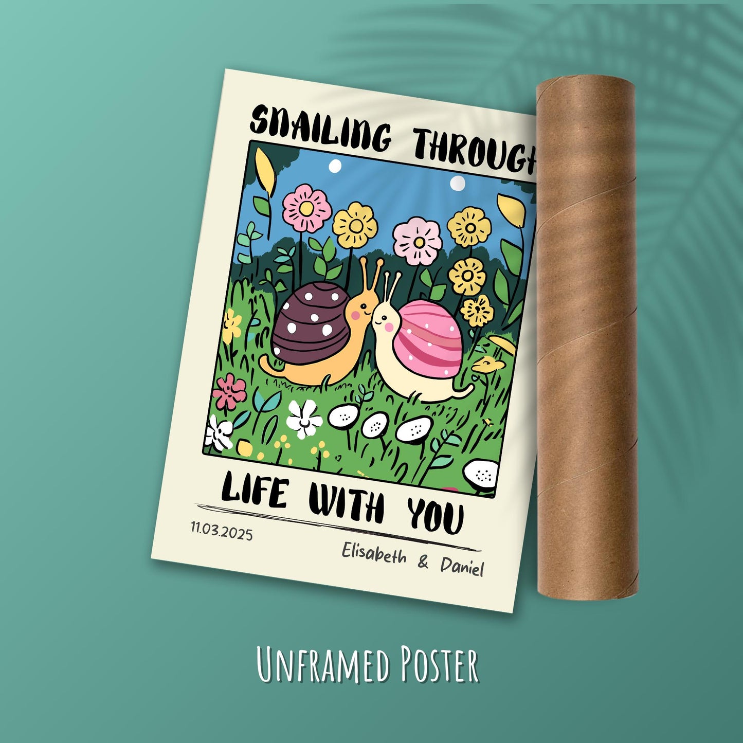 Custom Snail Couple Portrait – Personalized Retro Art Print