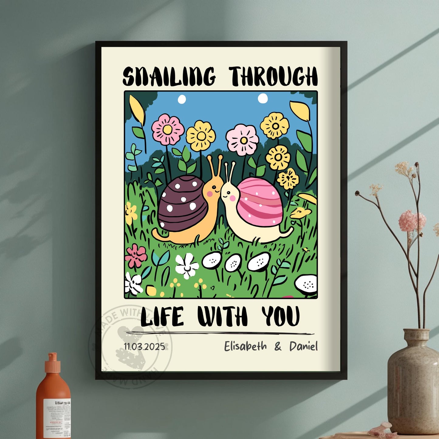 Custom Snail Couple Portrait – Personalized Retro Art Print