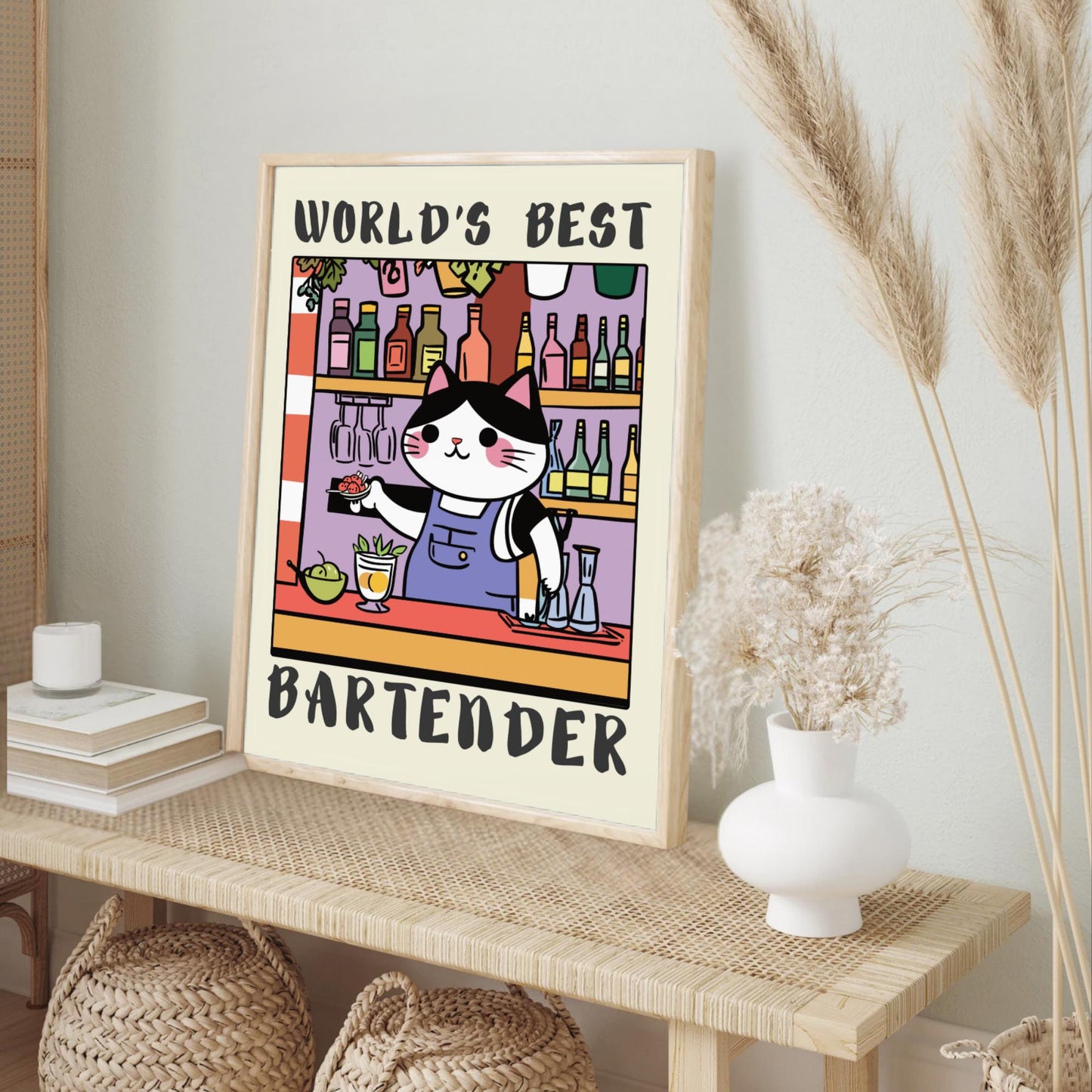 World's Best Bartender print, A bartender cat with a text World's best Bartender on a cream background