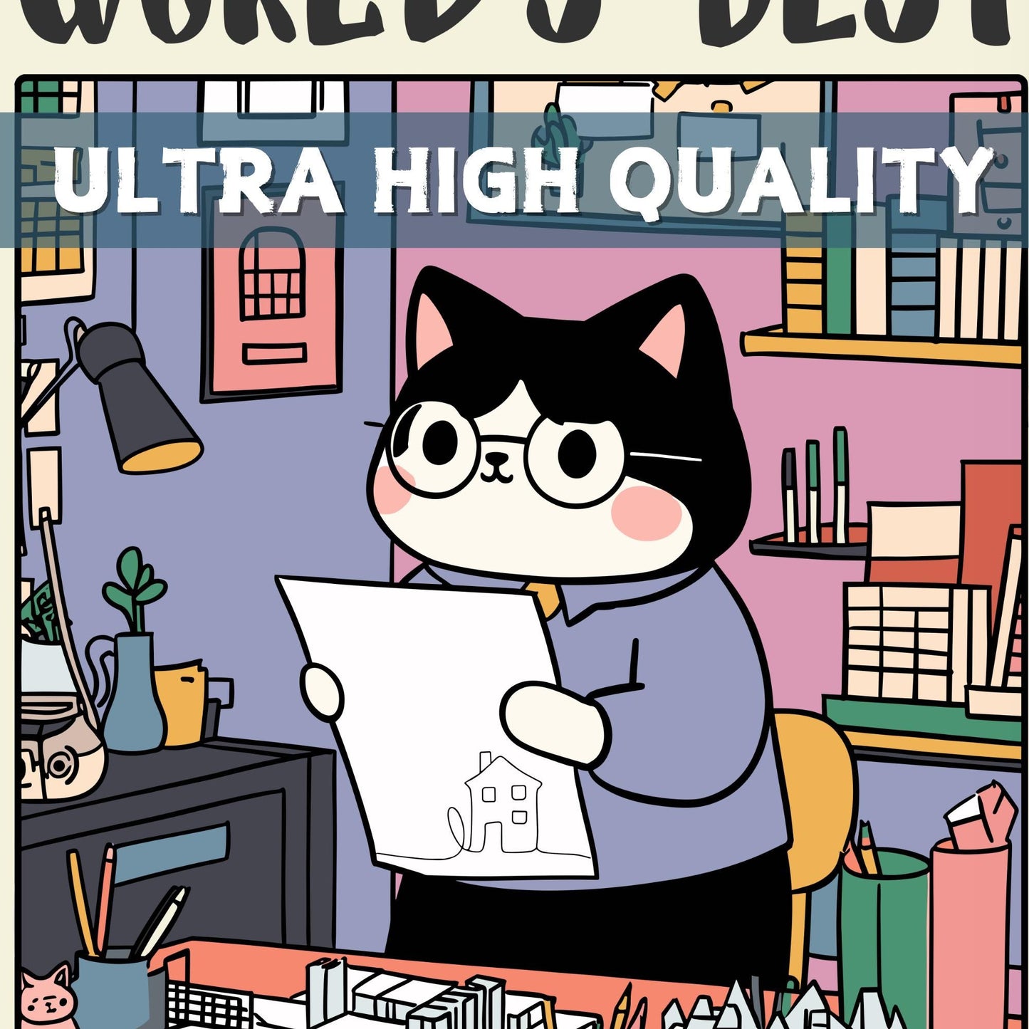 Architect Poster with a cat presented as an architect. Zoomed in