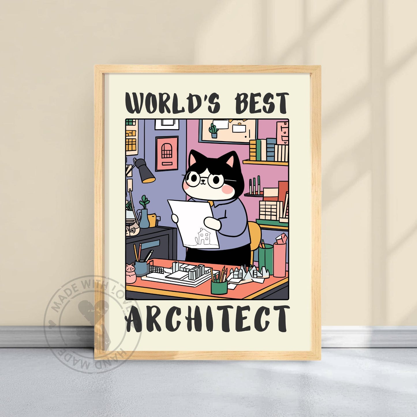 Architect Poster with a cat presented as an architect. Bright background