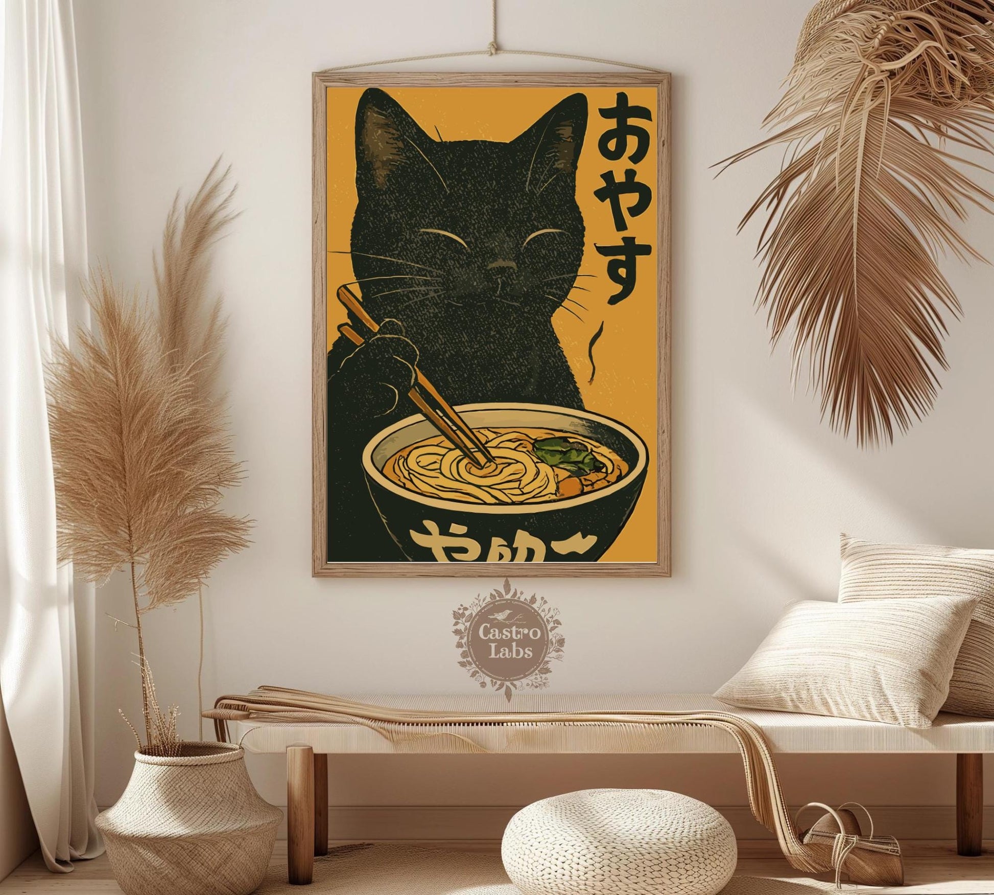 Whimsical cat eating ramen artwork, perfect for kitchen decor or as a quirky gift for cat and noodle fans.