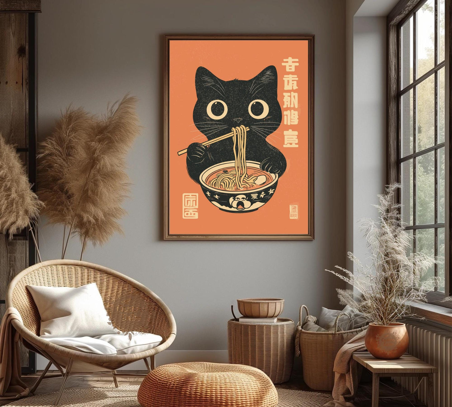 Playful black cat enjoying ramen in a stylized retro print, unique wall art for kitchens or dining rooms.