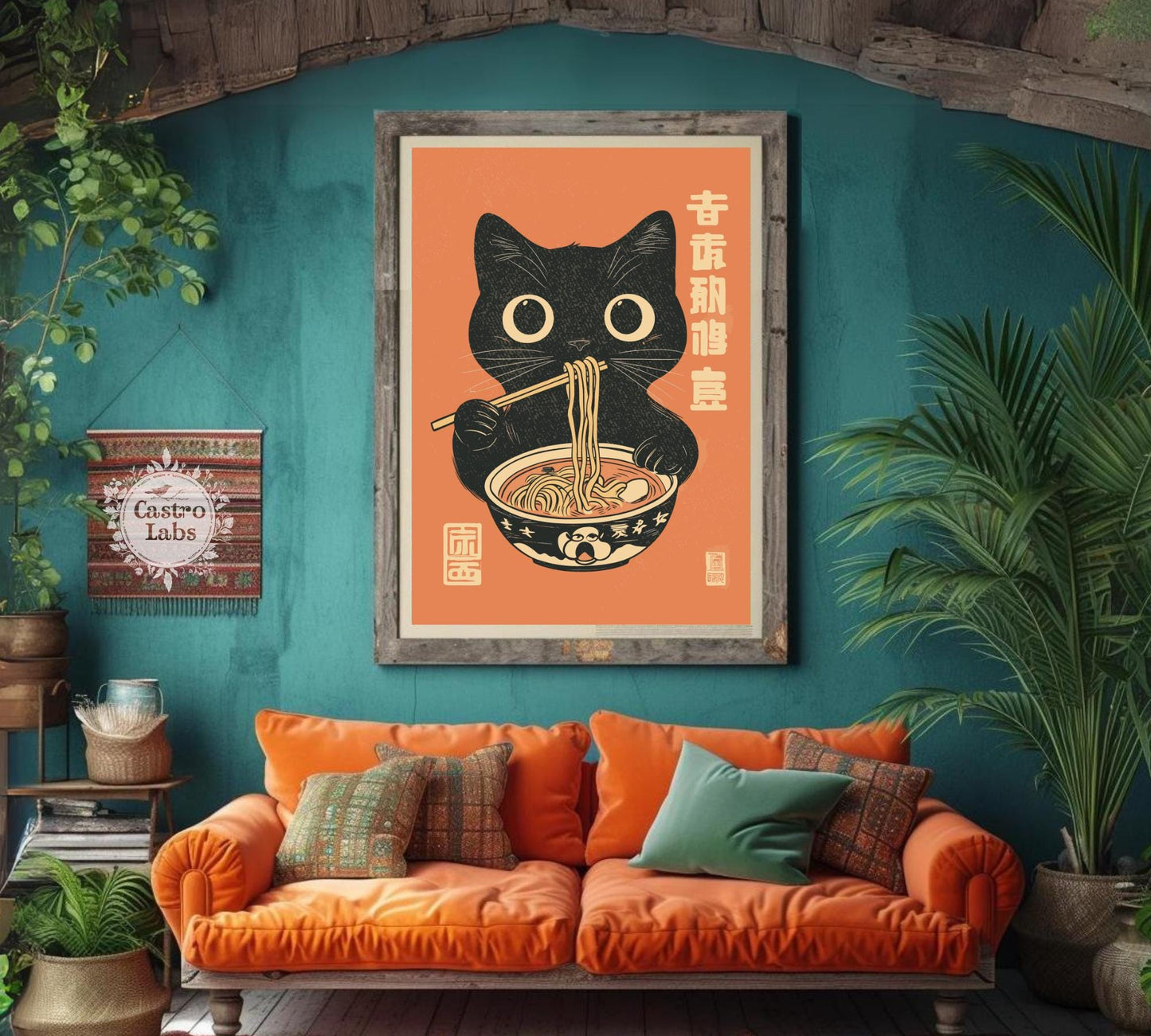 Japanese-style ramen cat print with bold colors, ideal for cat lovers, food art enthusiasts, and quirky home decor.