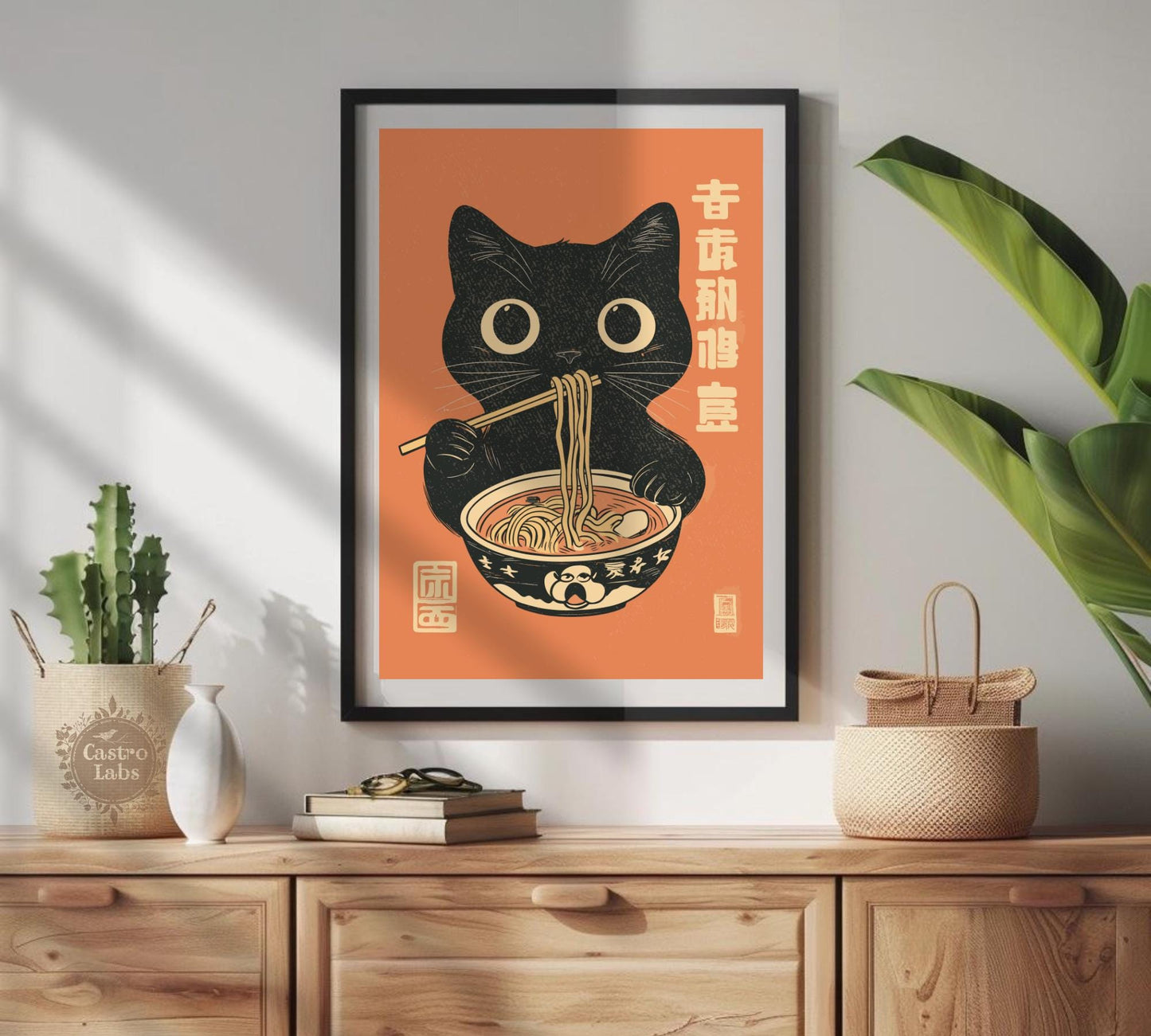 Black cat eating ramen noodles in a vintage Japanese-style art print, humorous kitchen wall decor.