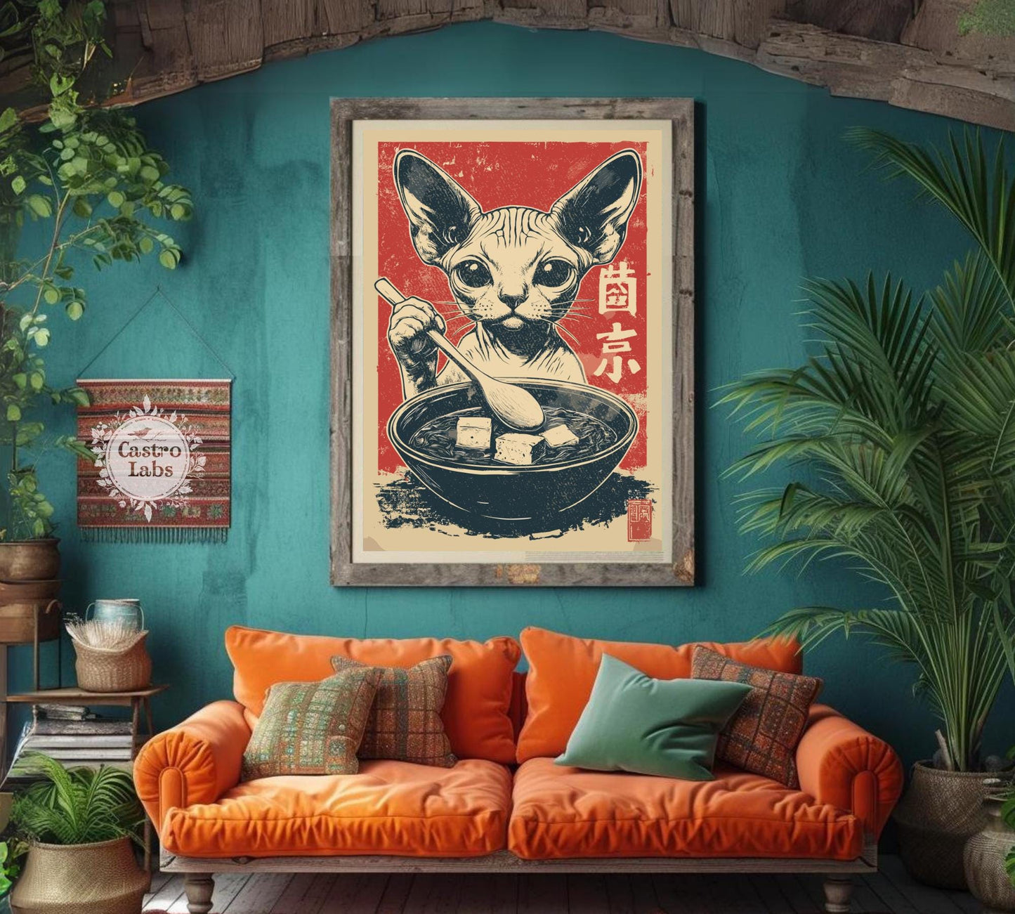 Vintage ramen-themed wall art featuring a hairless cat, perfect for kitchens and unique gift ideas.