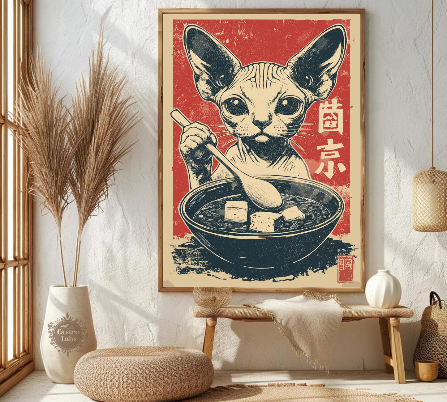 Retro-style sphynx cat art with ramen bowl, great gift for sphynx cat owners and art collectors.