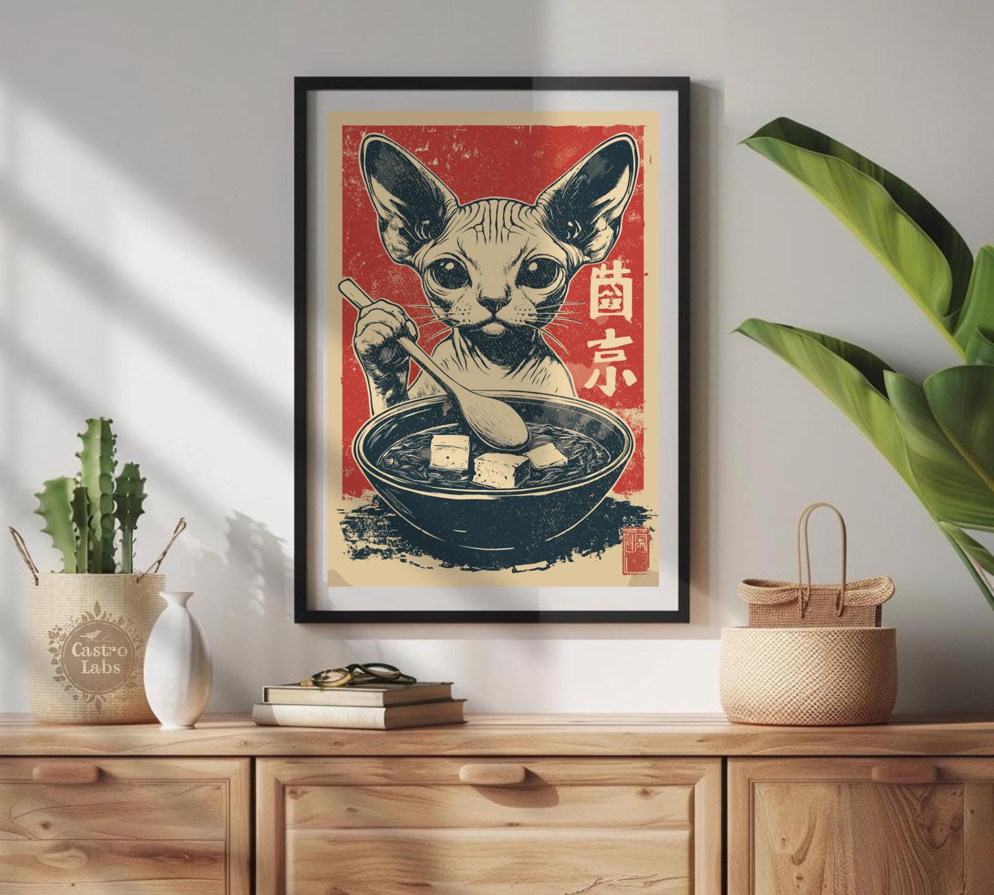 Cute and quirky hairless cat eating ramen in vibrant Japanese style, unique wall decor print.
