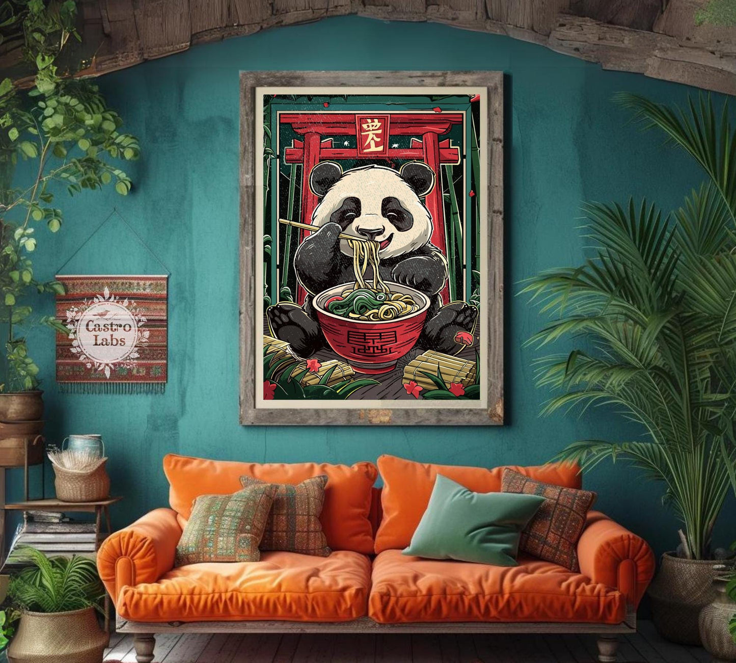 Cartoon panda enjoying ramen in a Japanese setting, colorful and quirky wall decor.