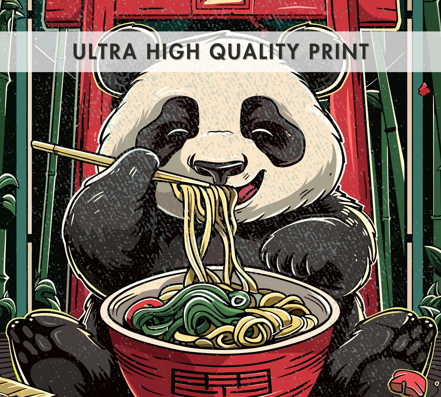 Cute panda slurping noodles illustration, retro food-themed animal print for home decor.