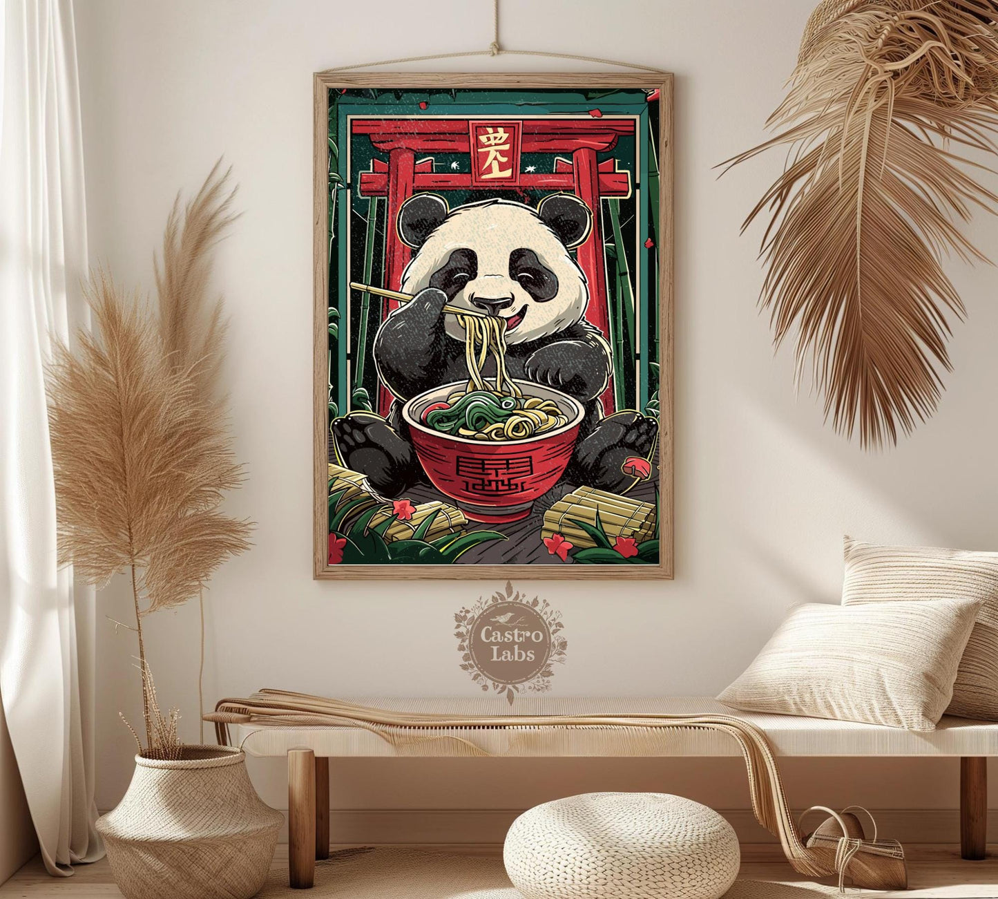 Whimsical panda noodle art print for kitchen, dining room, or café wall.