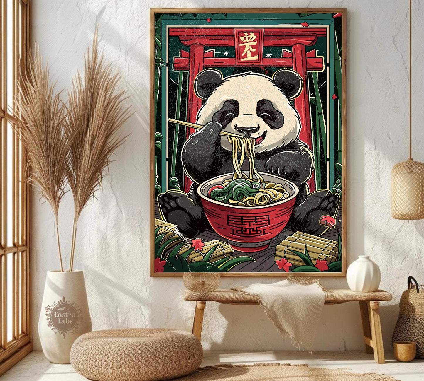 Comical panda enjoying a bowl of noodles, vintage-inspired food wall art.