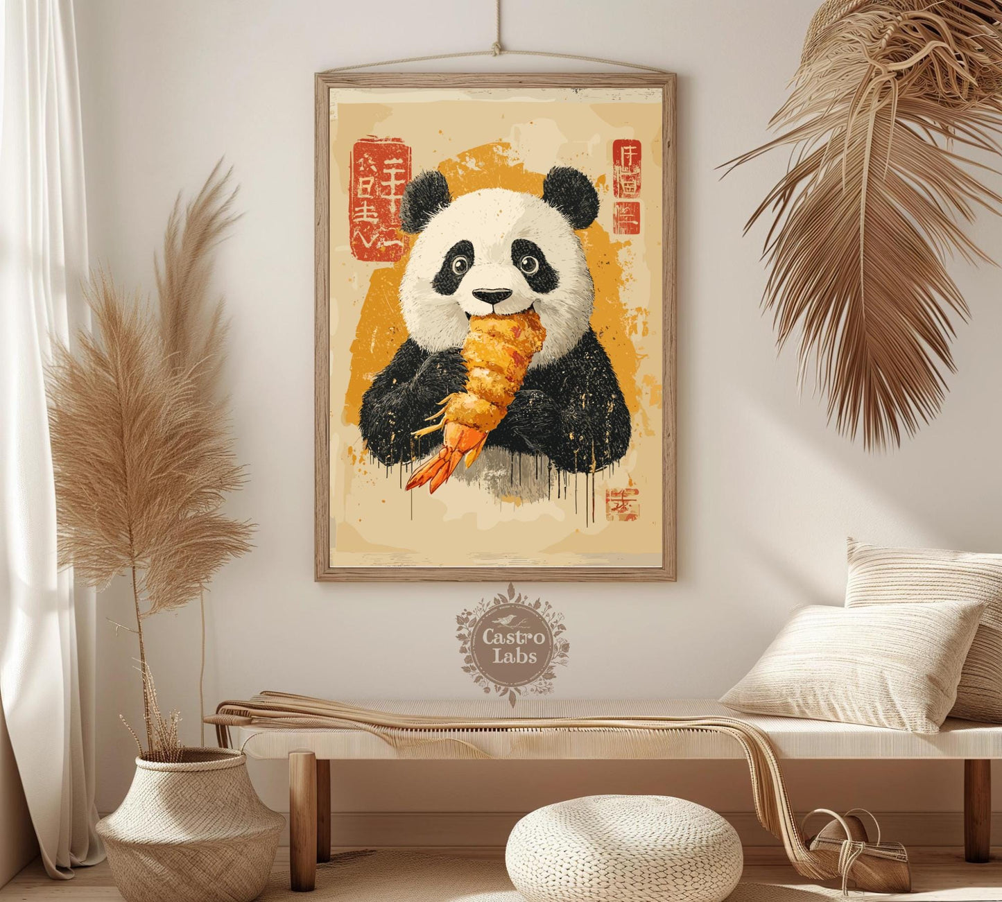 Playful panda with golden prawns, unique and funny food art print.