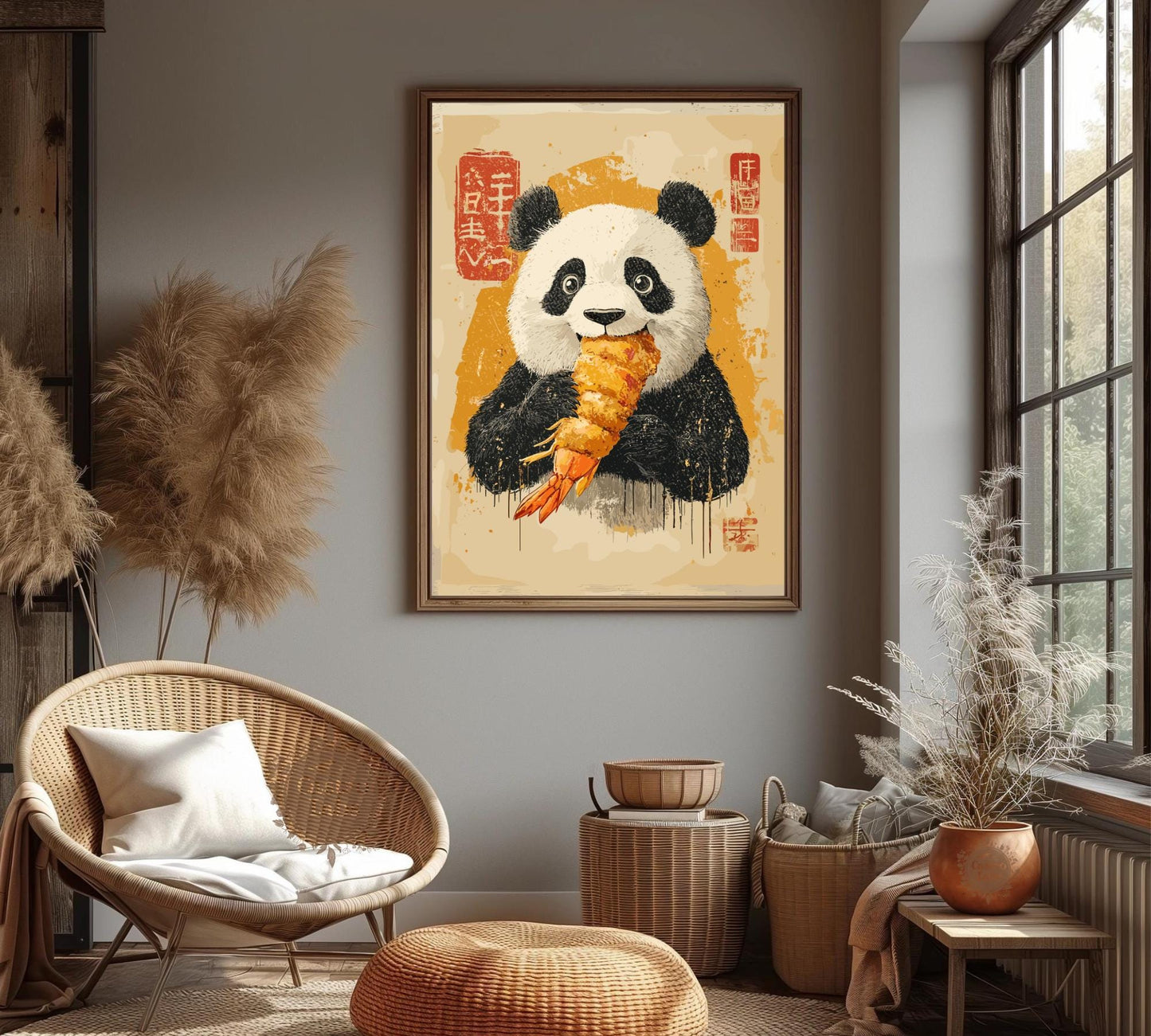 Funny panda tempura poster, bold and colorful wall art for foodies.