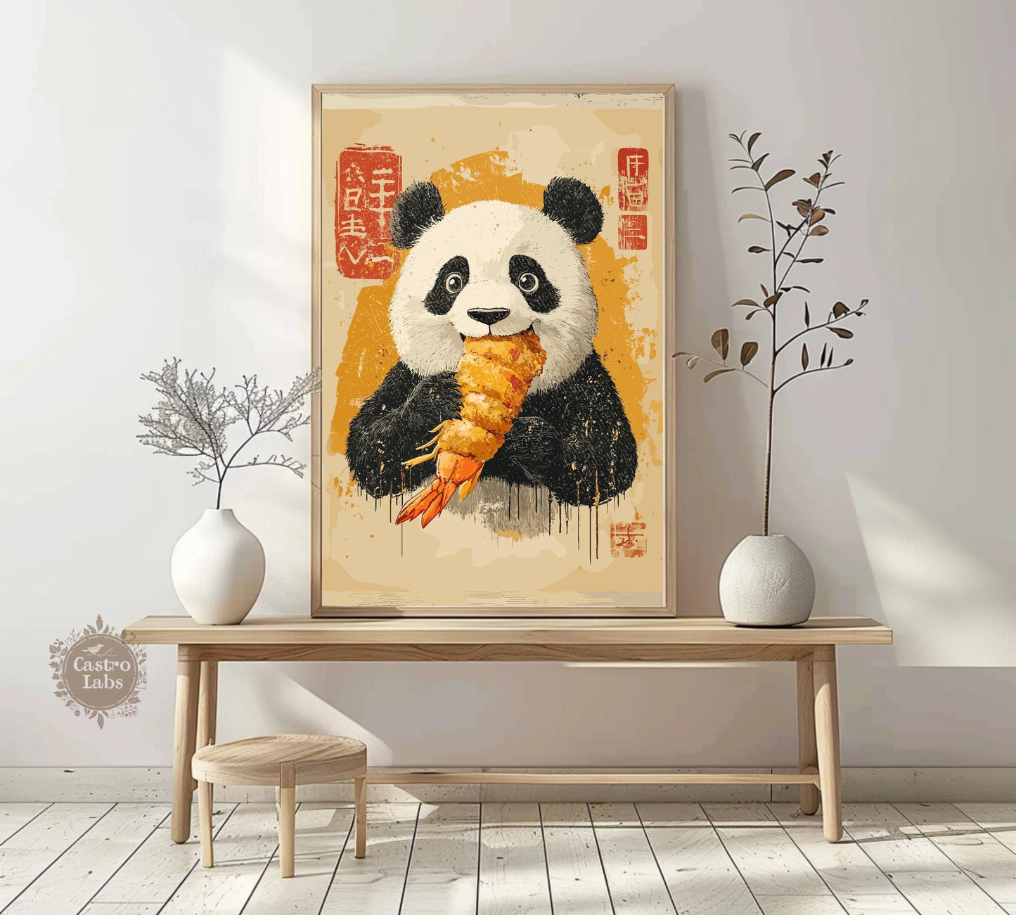 Retro-inspired panda enjoying prawn dish, humorous wall decor for food and animal fans.