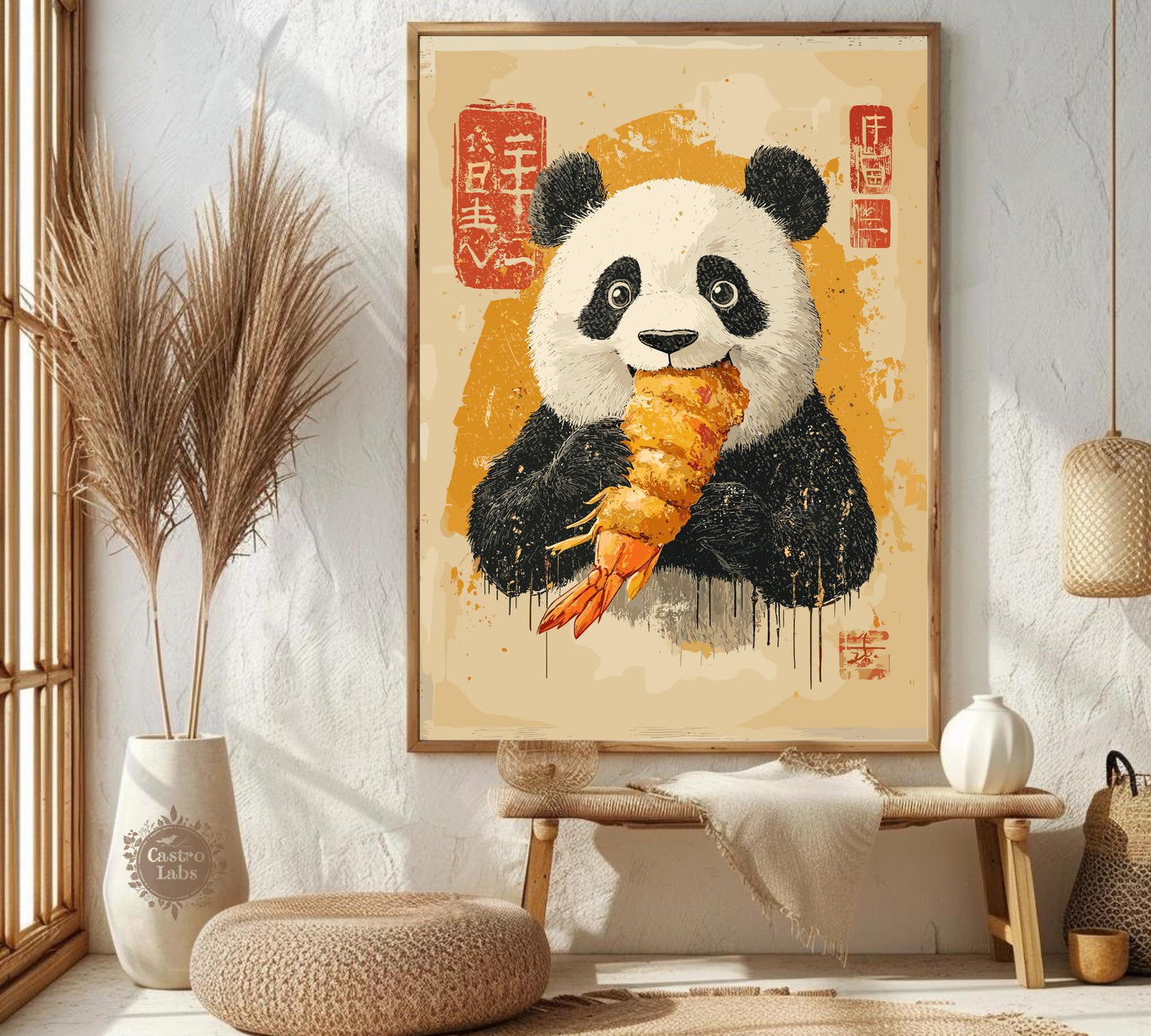 Adorable panda eating tempura shrimp, vibrant art print for dining room or sushi bar.