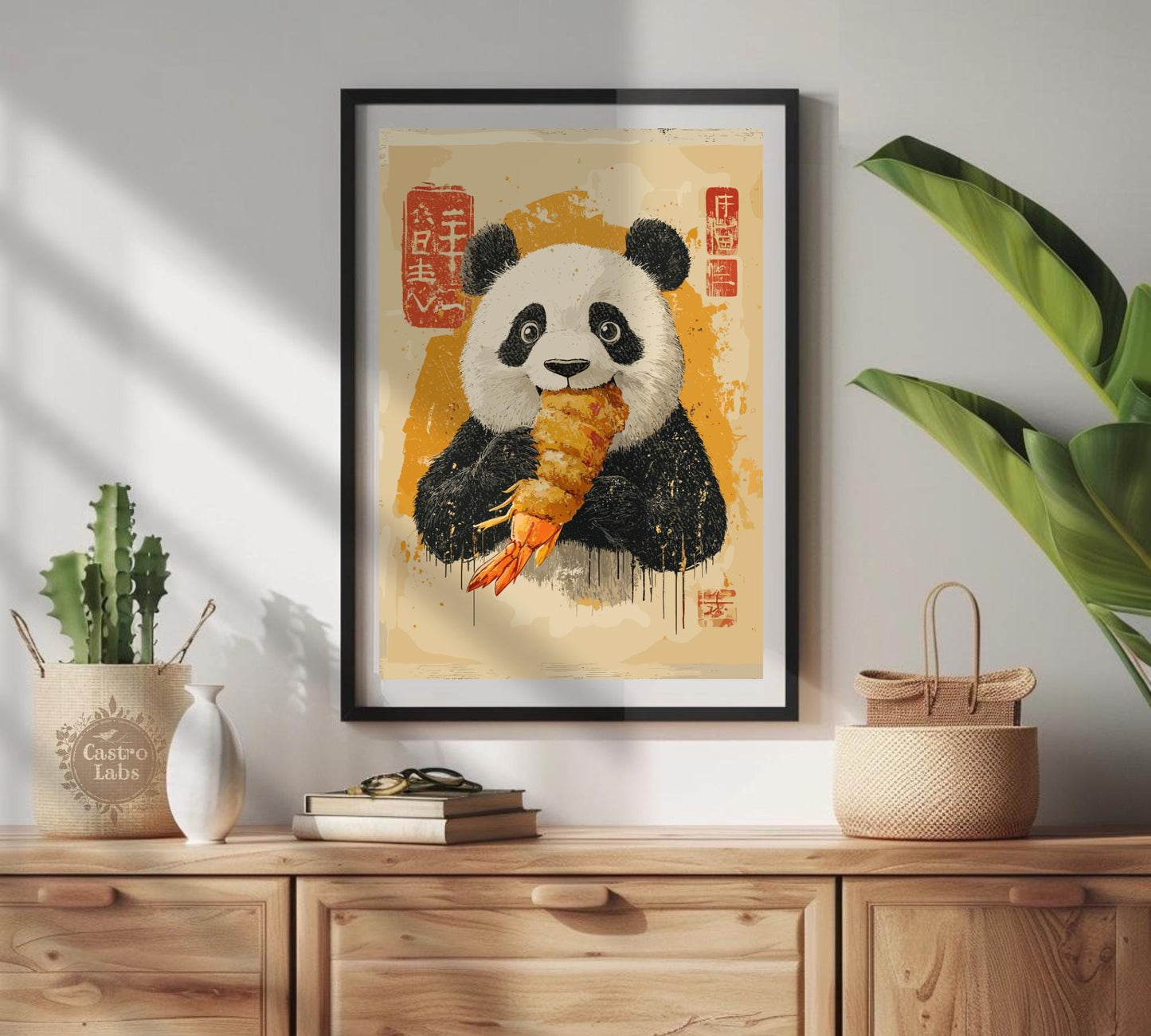 Art print of panda with prawn tempura, Japanese kitchen decor and unique gift idea.