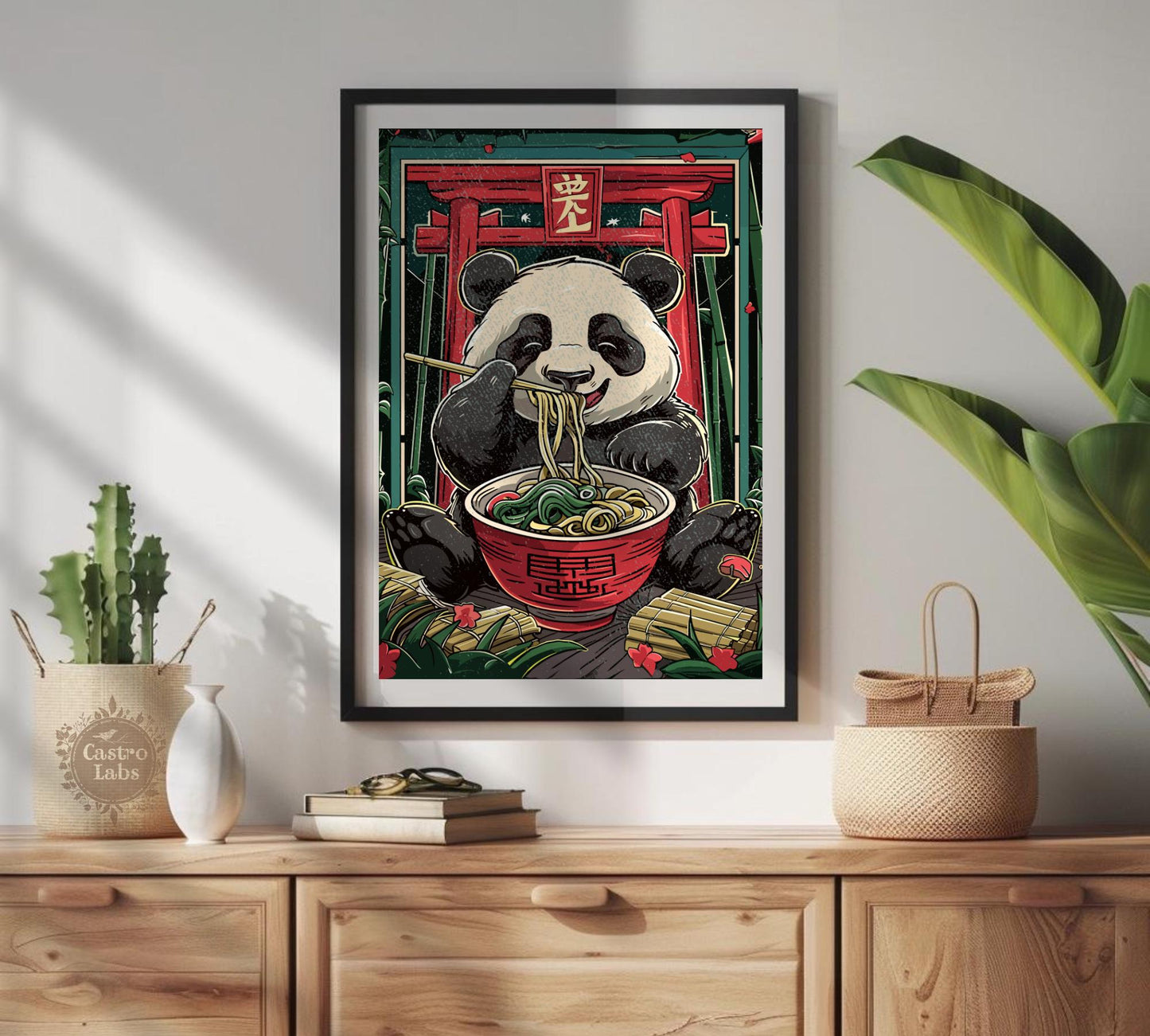 Vintage-style panda eating ramen noodles, Japanese-inspired funny kitchen wall art.