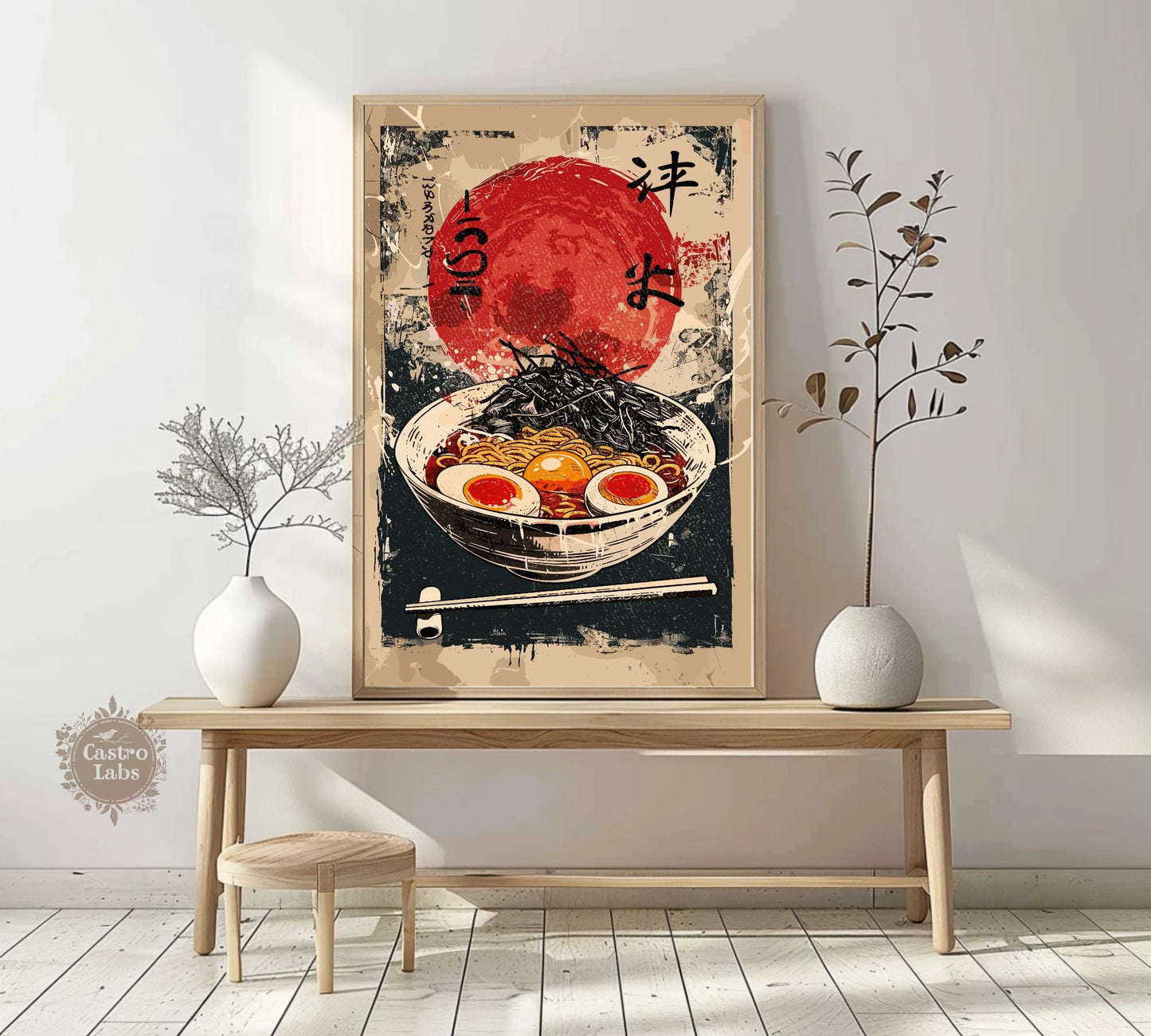 Red spicy ramen artwork for home or café, perfect for noodle lovers.