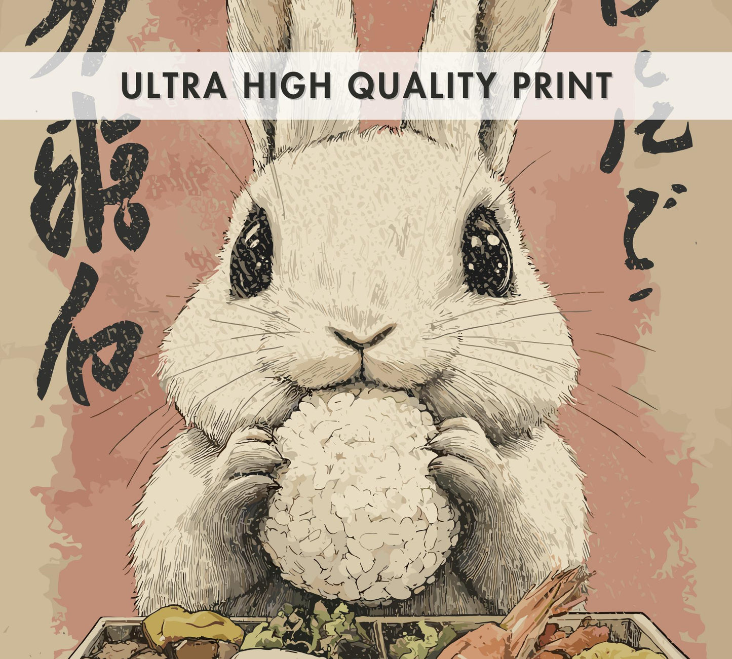 Vintage-style bunny eating a Japanese bento box, cute and funny kitchen wall art.