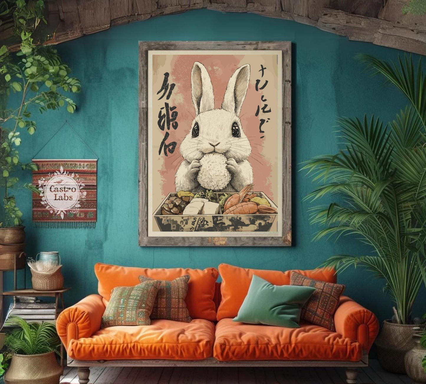 Bunny eating lunch illustration, whimsical food and animal decor for home or café.