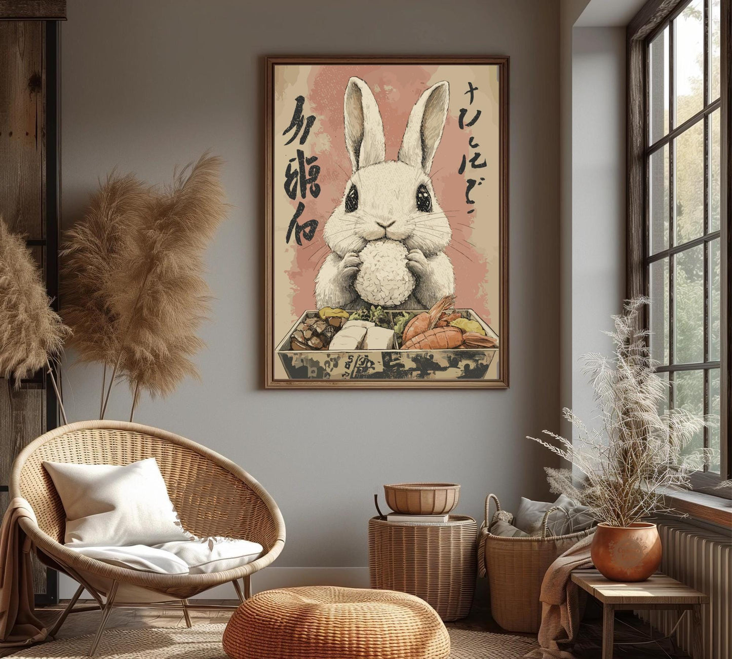 Playful art print of a bunny eating Japanese food, retro animal wall art.