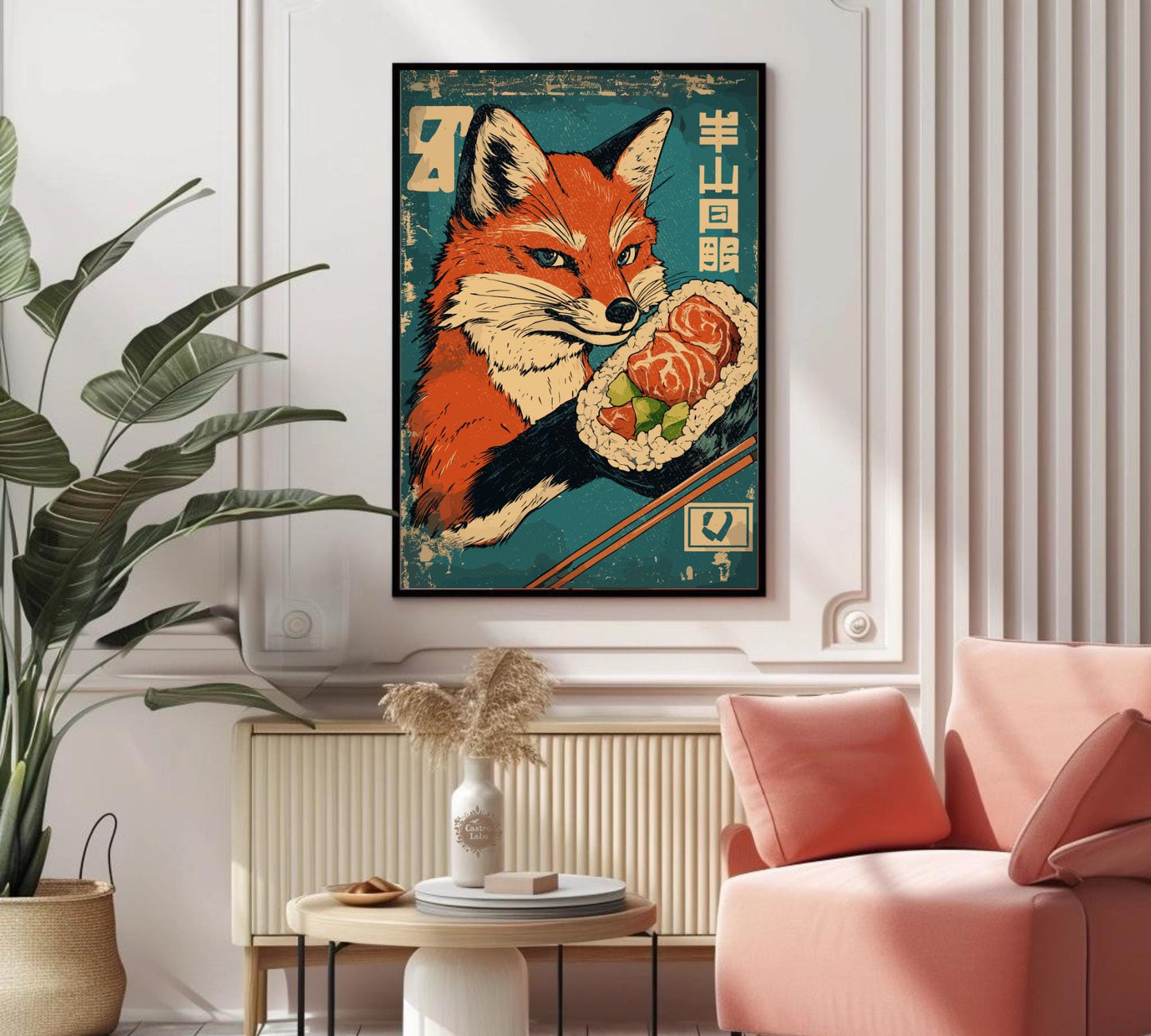 Fox enjoying traditional sushi meal, humorous wall art for dining rooms.