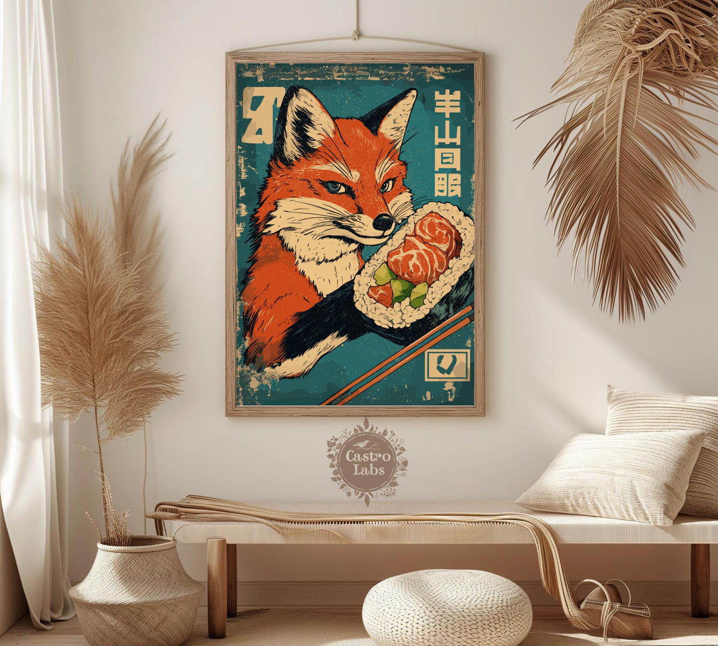 Japanese-inspired fox eating sushi, colorful and quirky kitchen artwork.