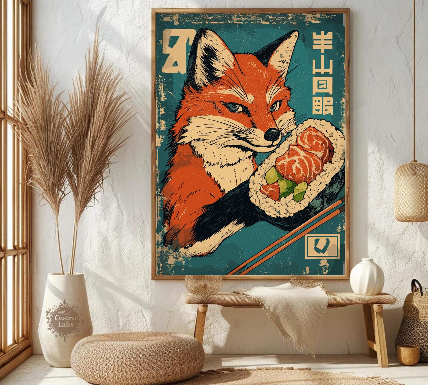 Playful fox illustration with sushi set, ideal foodie gift wall art.