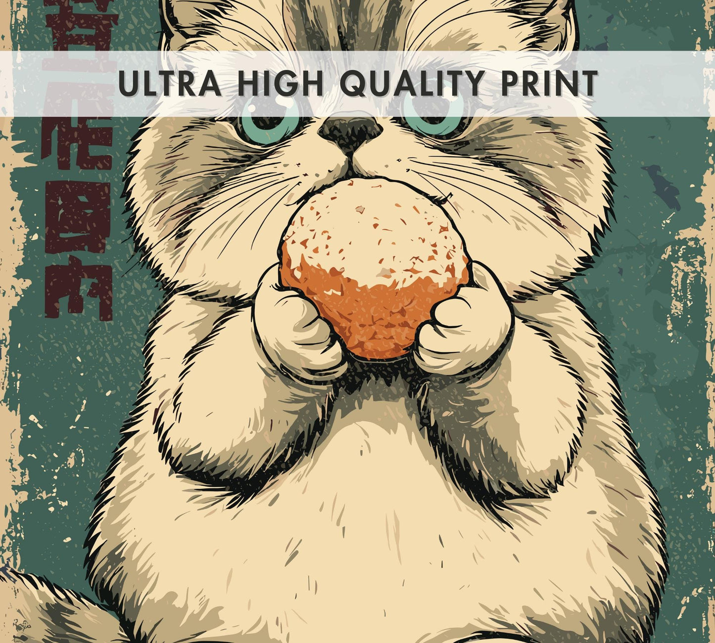 Ragdoll cat eating mochi, vintage Japanese-inspired wall art print.