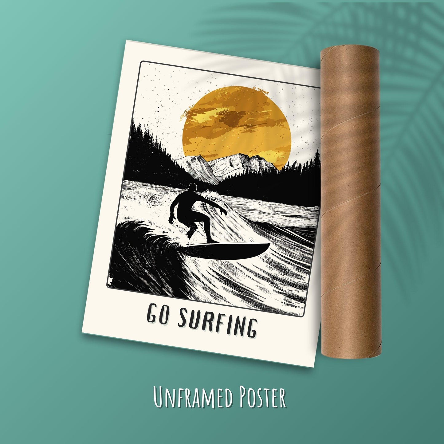 Go Surfing Poster - Green Background with a postal tube