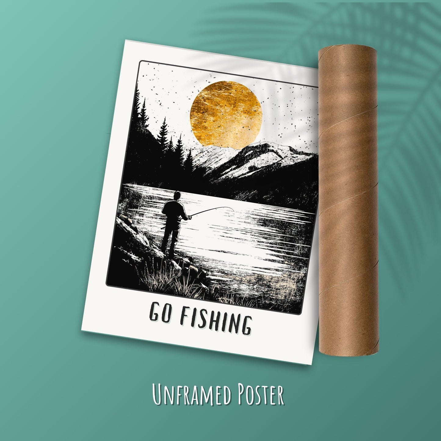 Go Fishing Poster - Green Background with postal tube