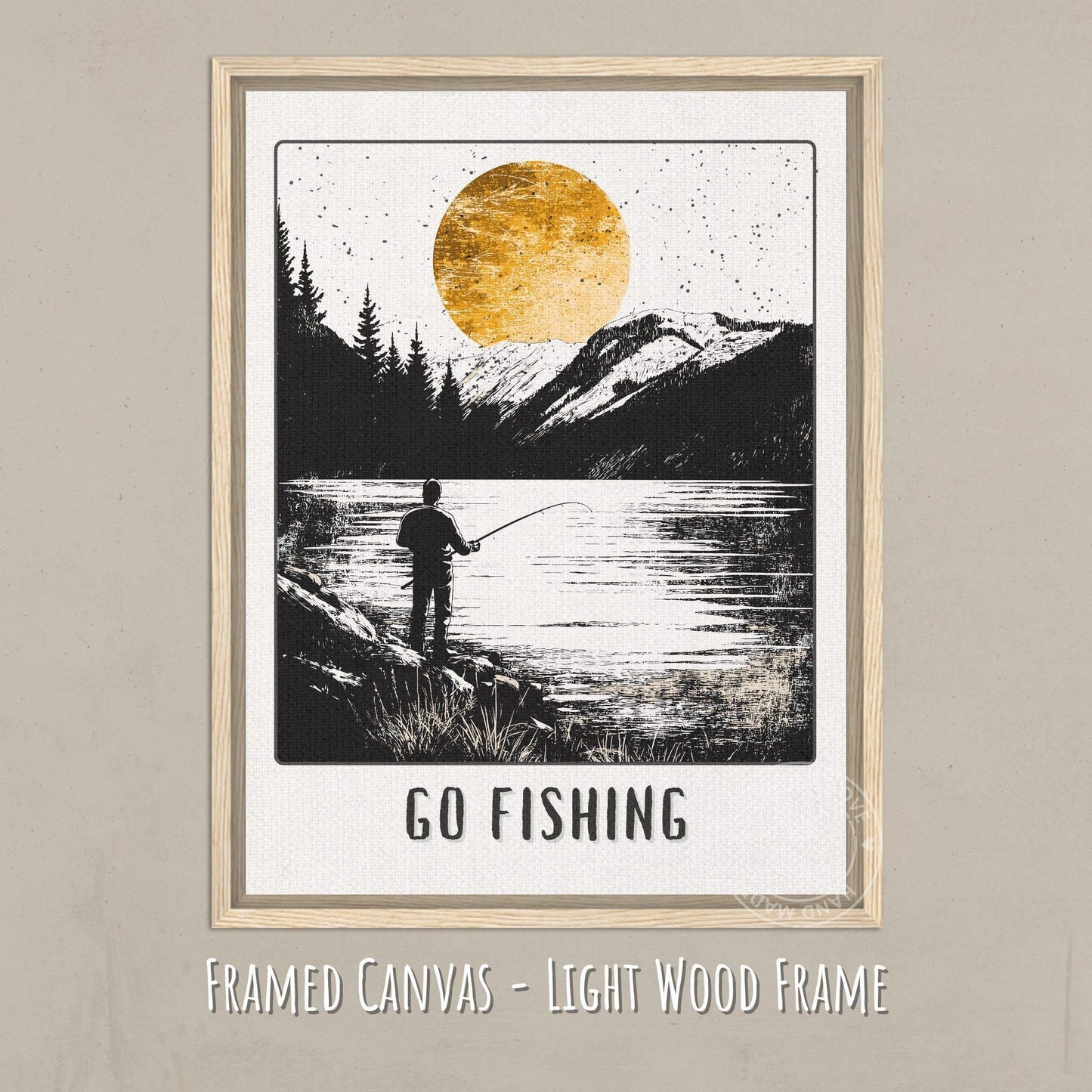 Go Fishing Poster - Canvas with Light Wood Frame