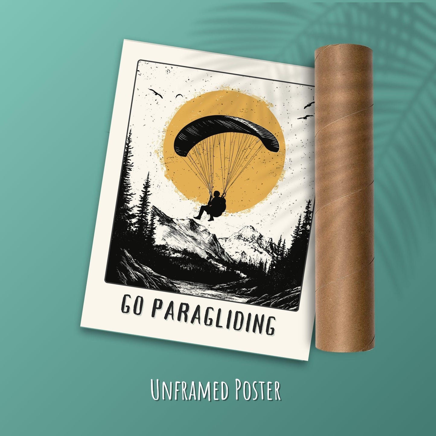 Go Paragliding Poster - Green Wall Background with postal tube