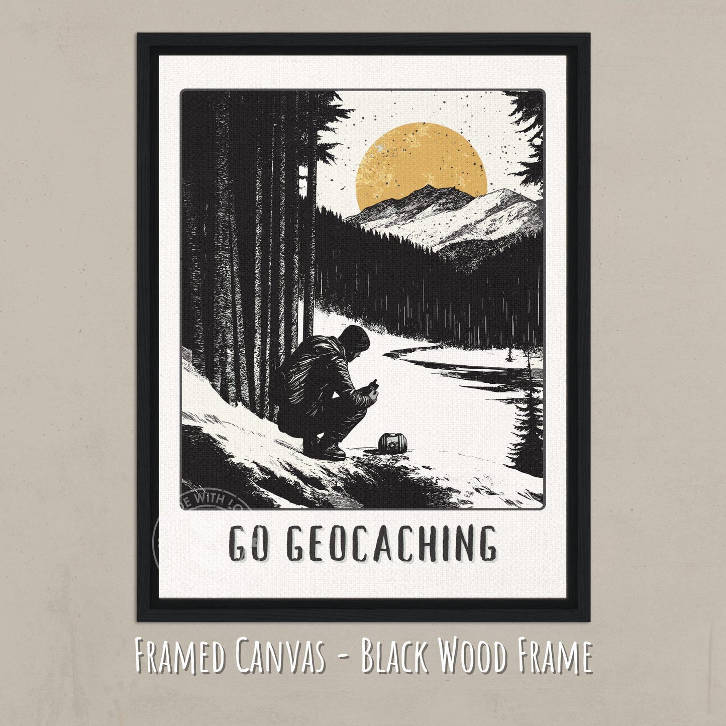 Geocaching Poster on a black wood framed canvas
