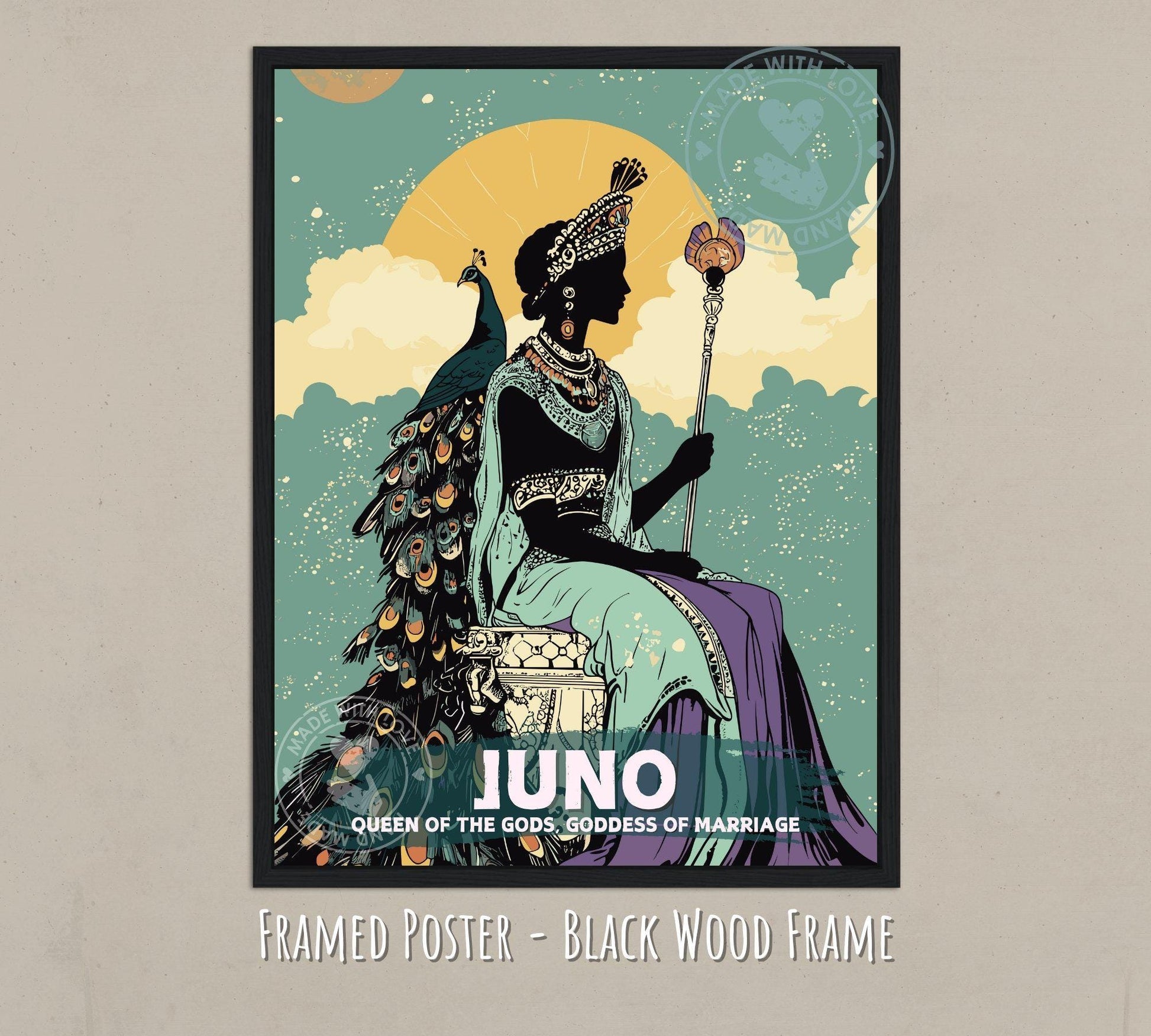 Juno Goddess Poster - Juno Roman Mythology Artwork on a black wood frame