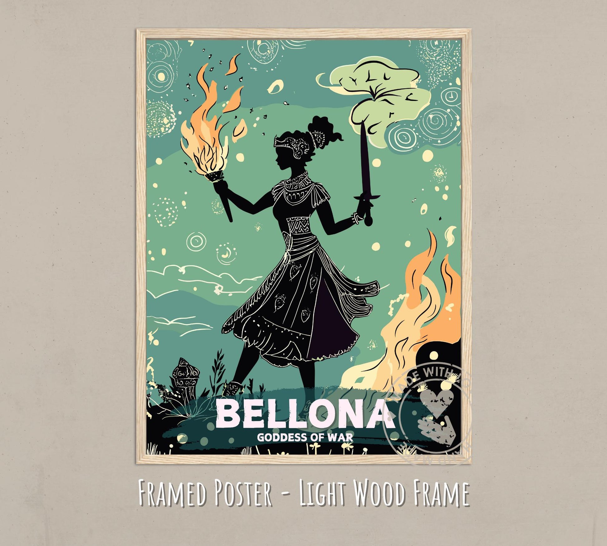 Bellona Goddess Painting - light wood frame