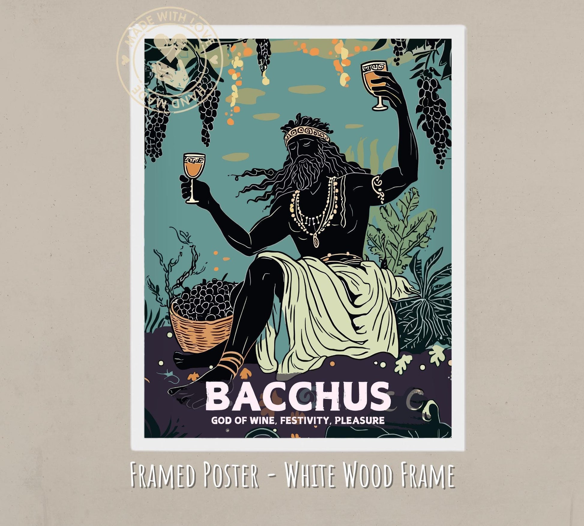 Bacchus God Painting - white wood frame