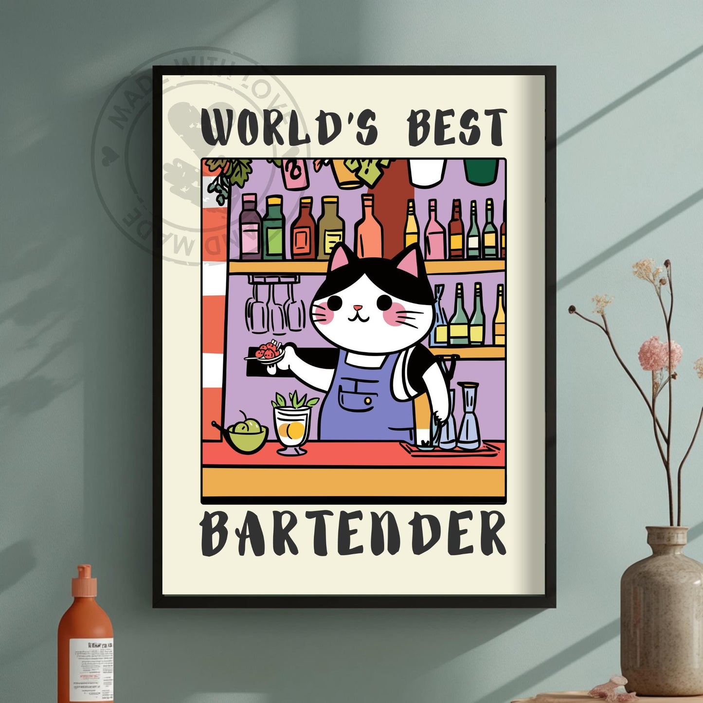 World's Best Bartender print, A bartender cat with a text World's best Bartender on a green background