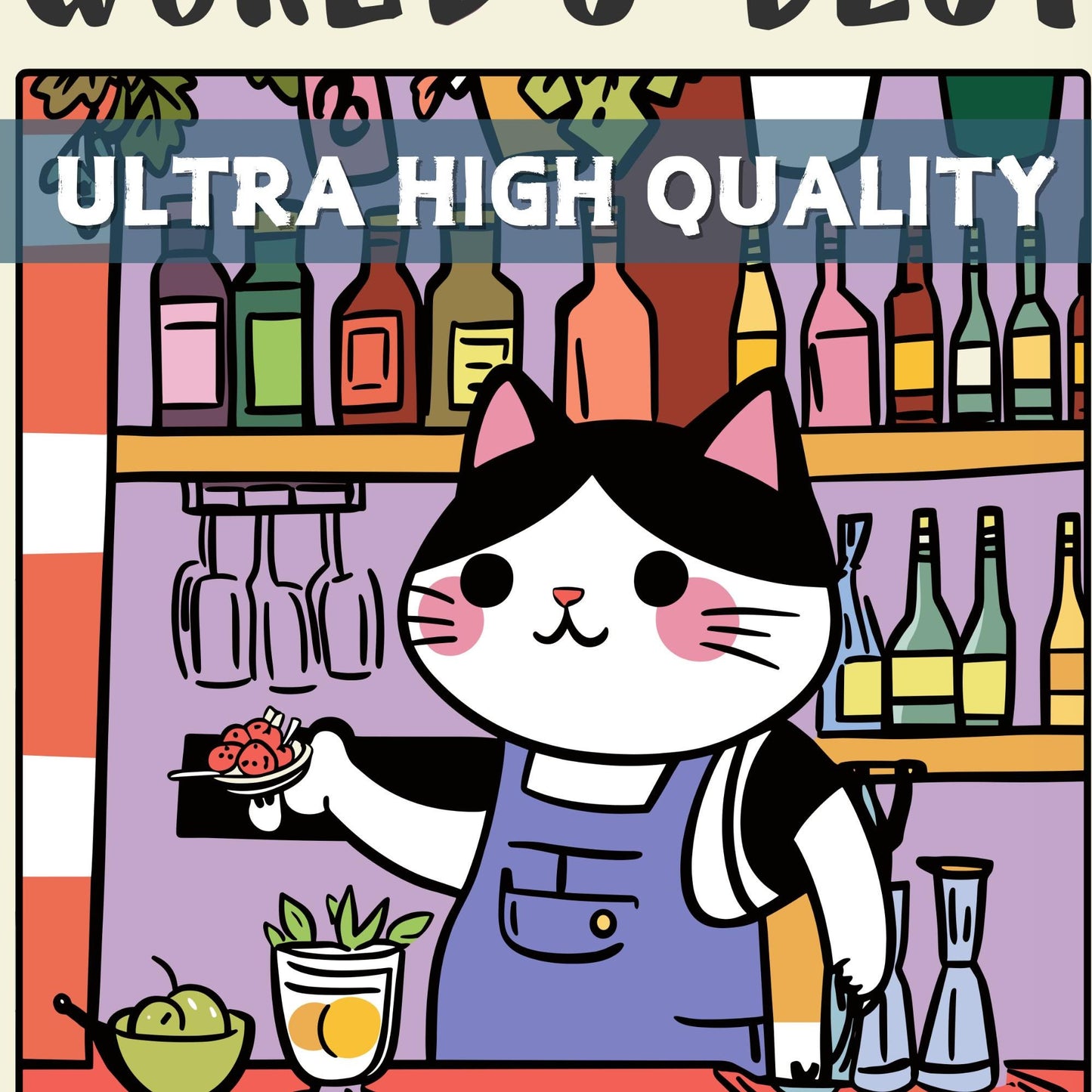 World's Best Bartender print, A bartender cat with a text World's best Bartender zoomed in
