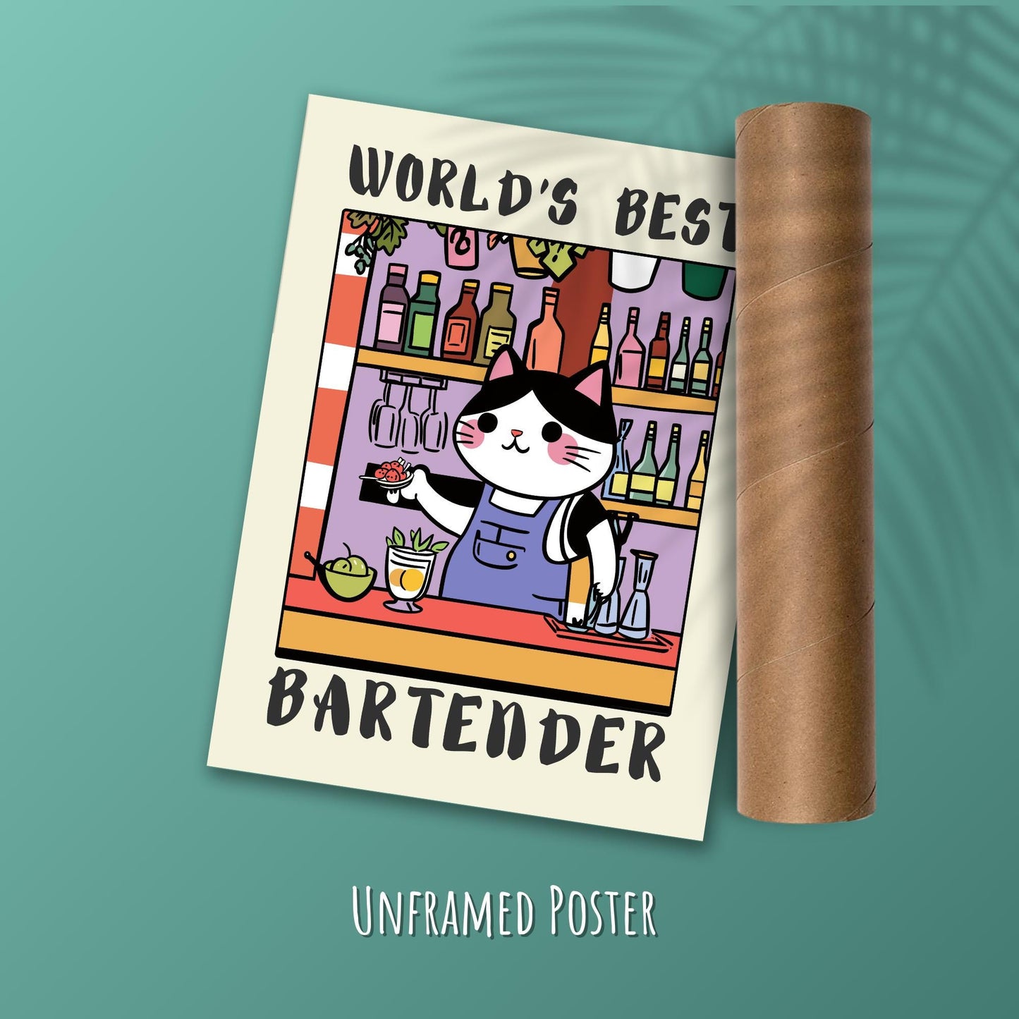 World's Best Bartender print, A bartender cat with a text World's best Bartender on a green background shown with a tube
