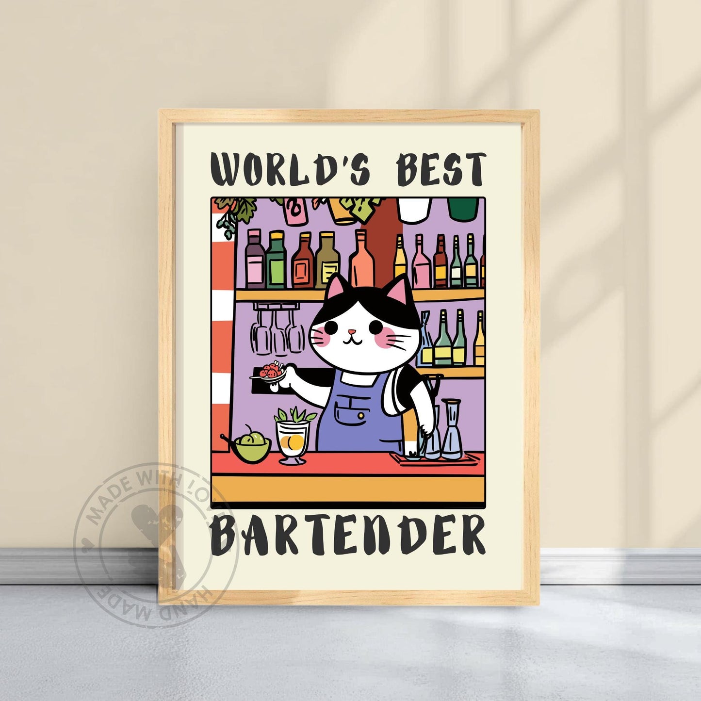 World's Best Bartender print, A bartender cat with a text World's best Bartender