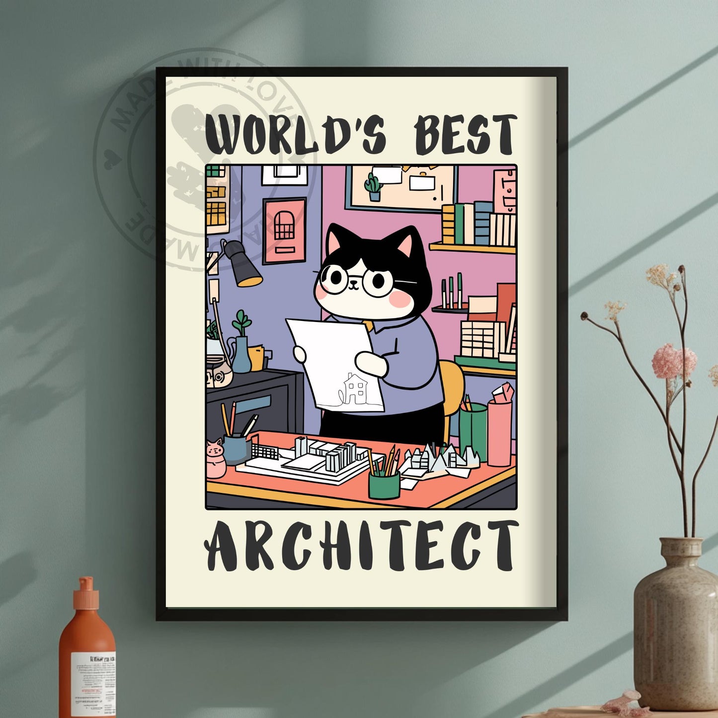 Architect Poster with a cat presented as an architect. Green wall background