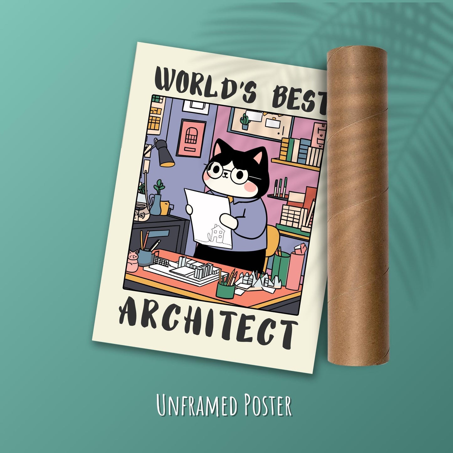 Architect Poster with a cat presented as an architect. Green wall background, with a tube