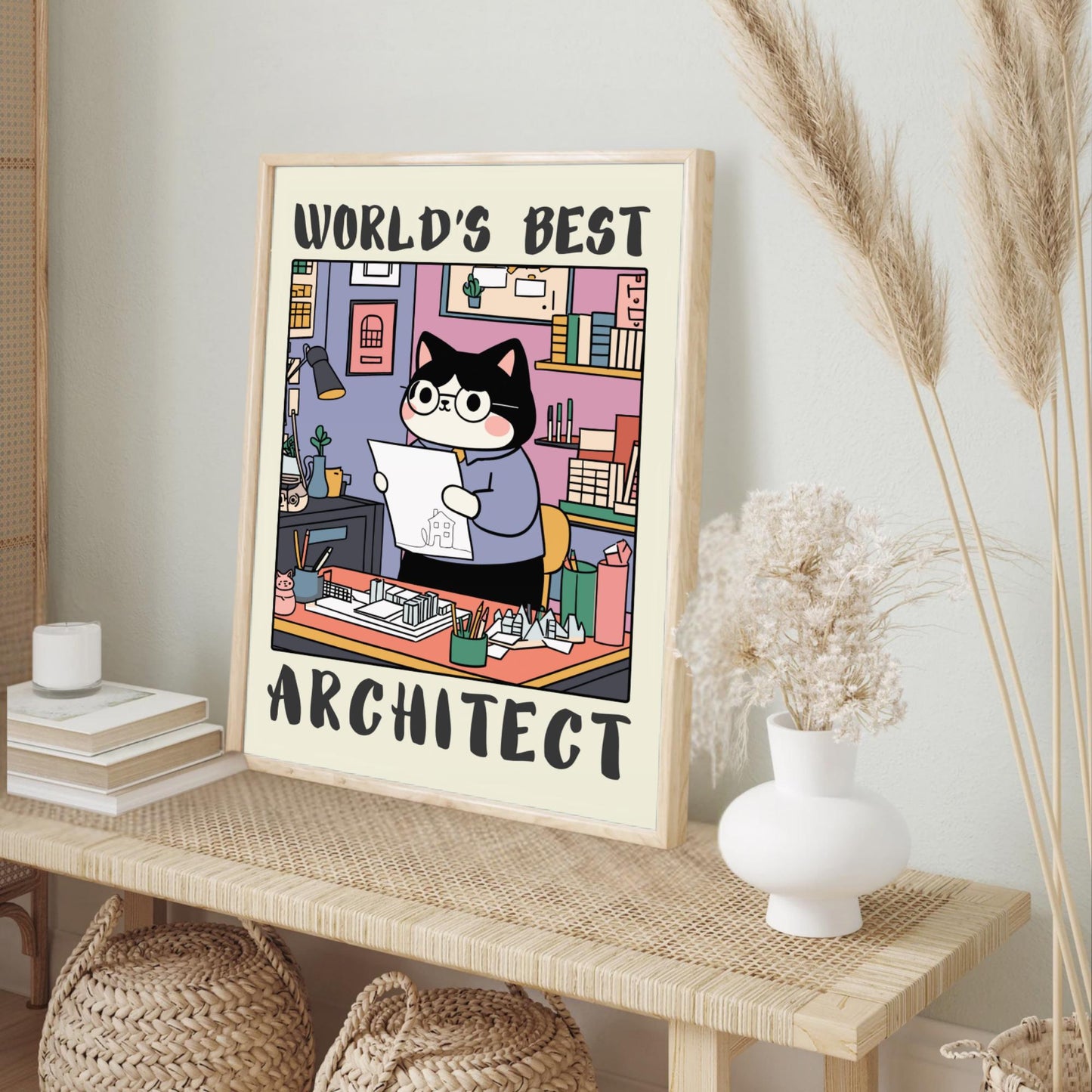 Architect Poster with a cat presented as an architect. Cream wall background