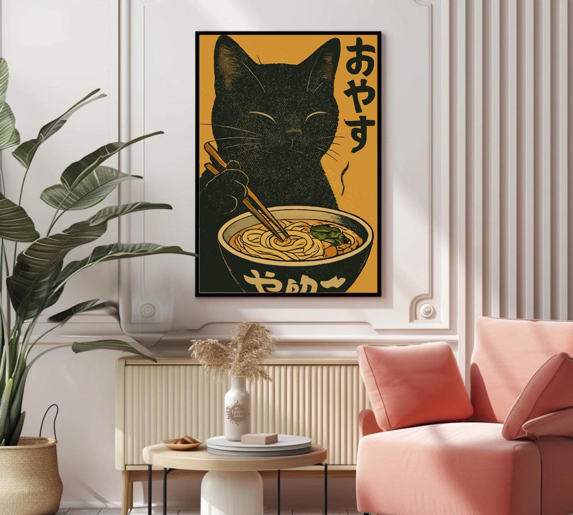 Whimsical cat eating ramen artwork, perfect for kitchen decor or as a quirky gift for cat and noodle fans.