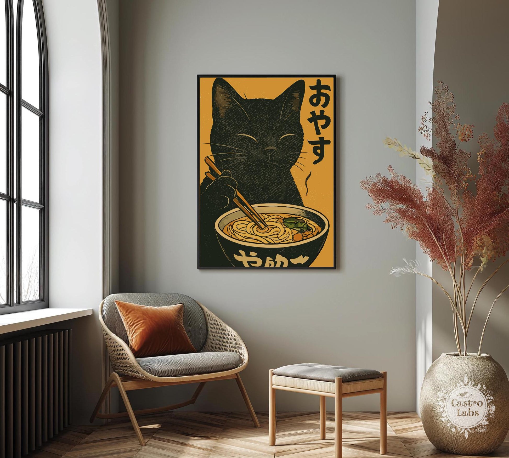Black cat eating ramen noodles in a vintage Japanese-style art print, humorous kitchen wall decor.