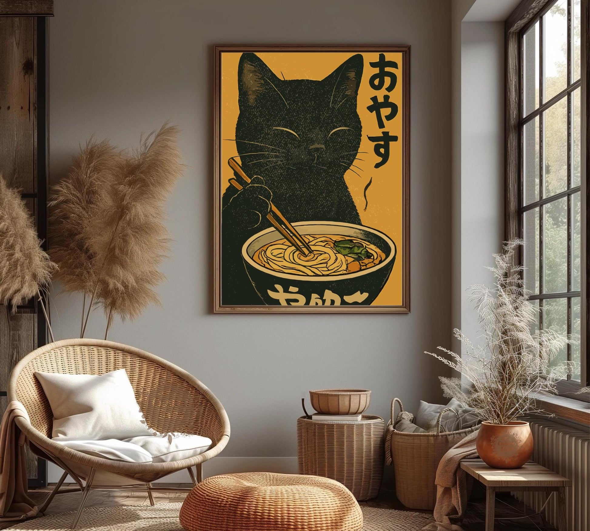 Japanese-style ramen cat print with bold colors, ideal for cat lovers, food art enthusiasts, and quirky home decor.