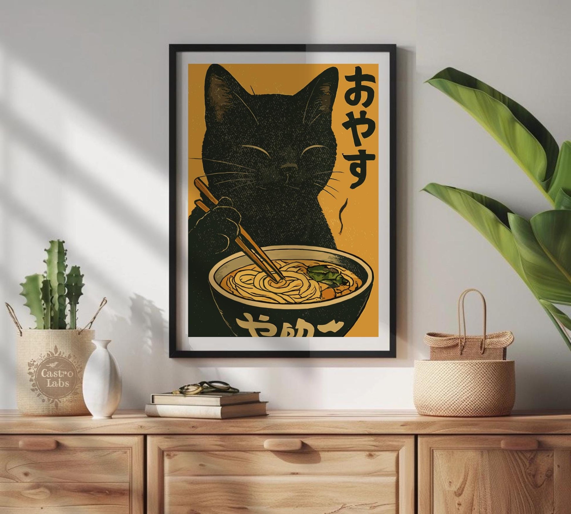 Black cat eating ramen noodles in a vintage Japanese-style art print, humorous kitchen wall decor.