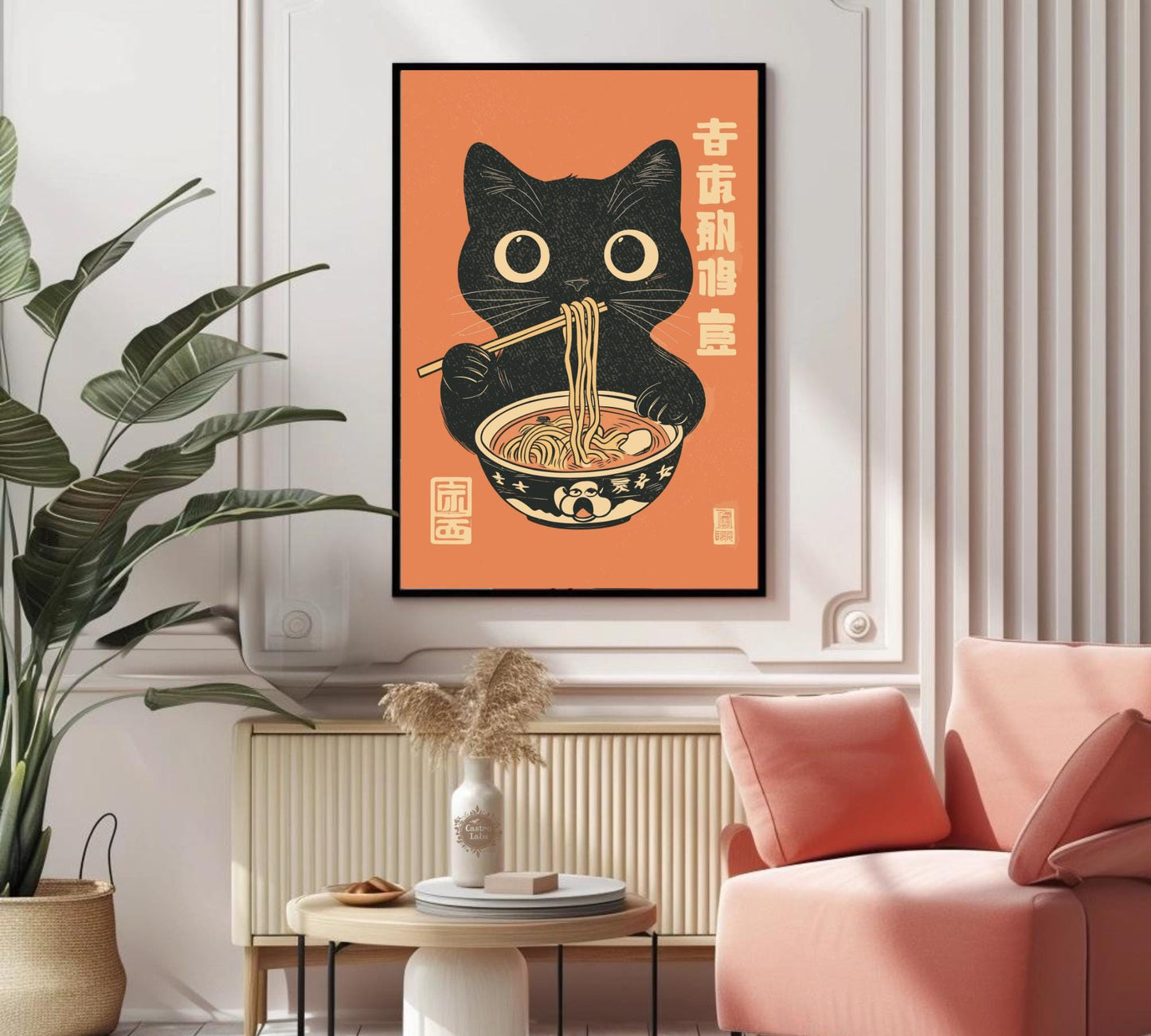 Playful black cat enjoying ramen in a stylized retro print, unique wall art for kitchens or dining rooms.